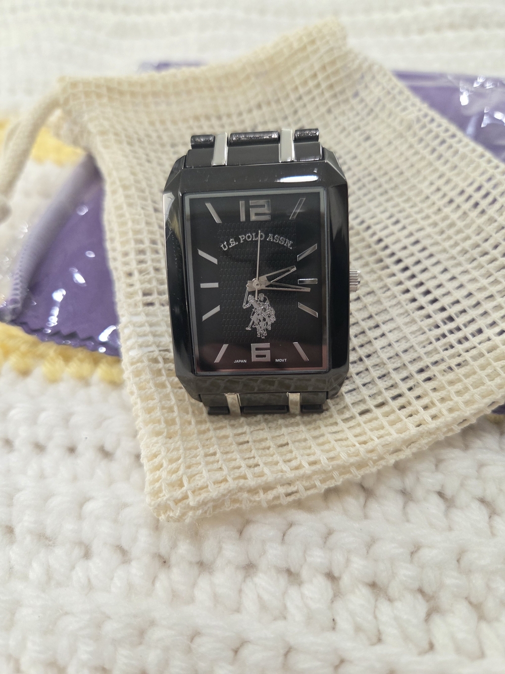 U.S. Polo Assn. Men’s Black Rectangular Watch + Jewelry Cleaner Polishing Cloth